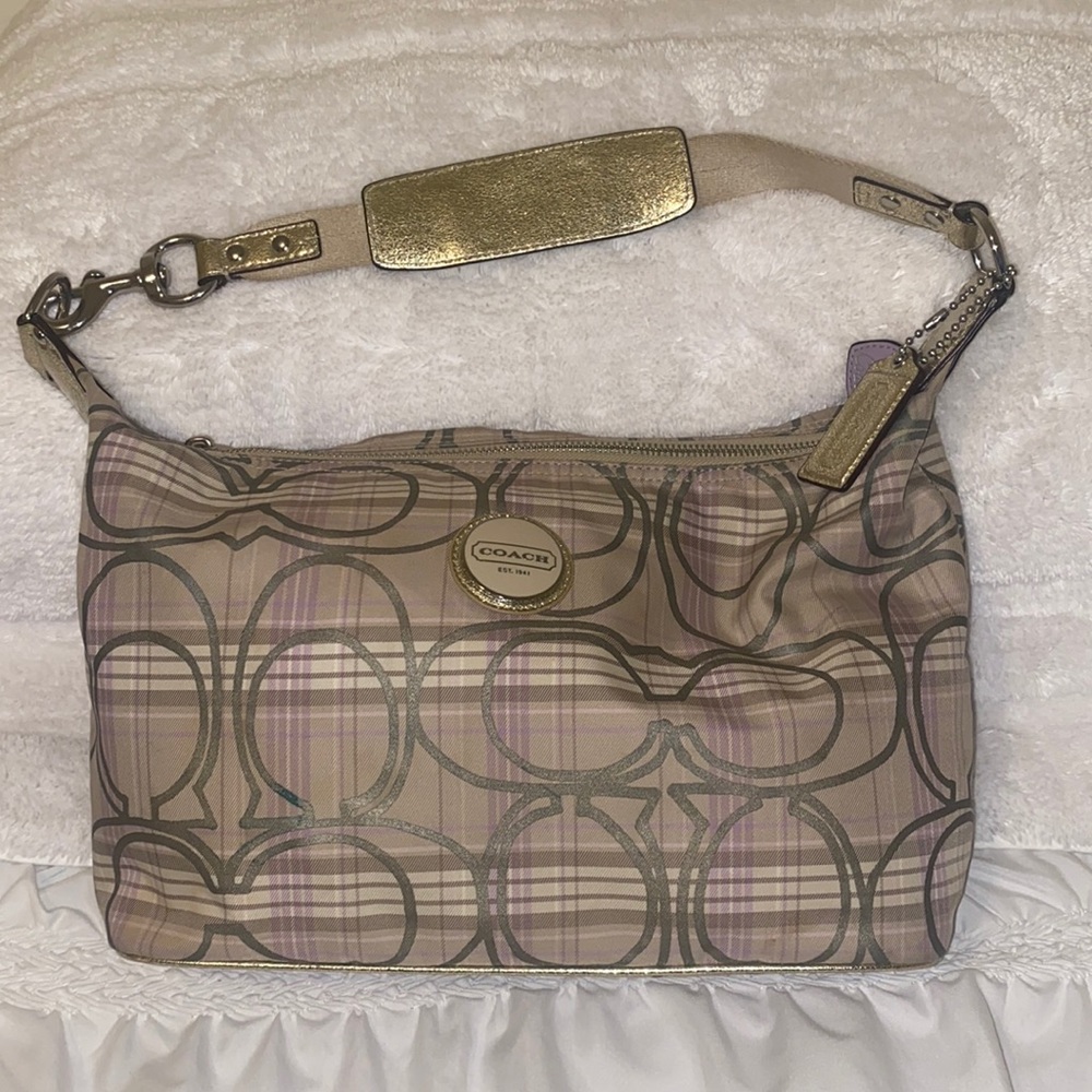 Coach Signature Plaid Fabric Hobo Bag